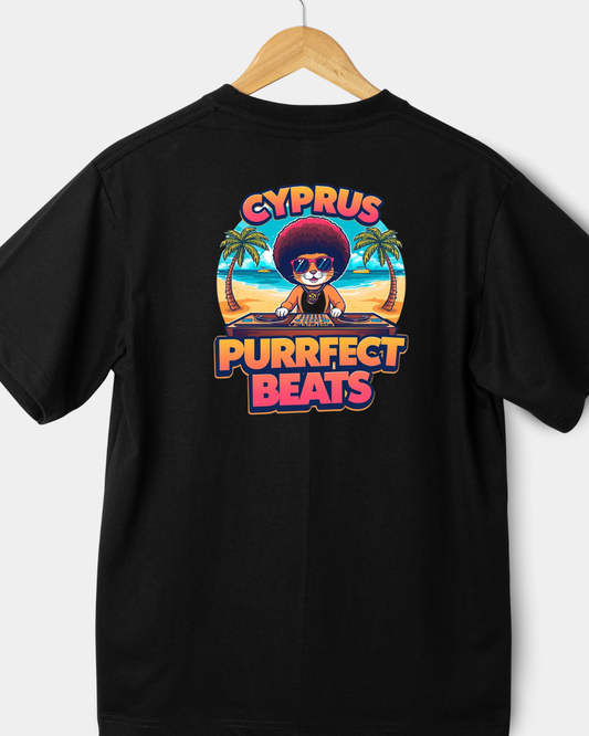 Black t-shirt featuring a cool cat DJ